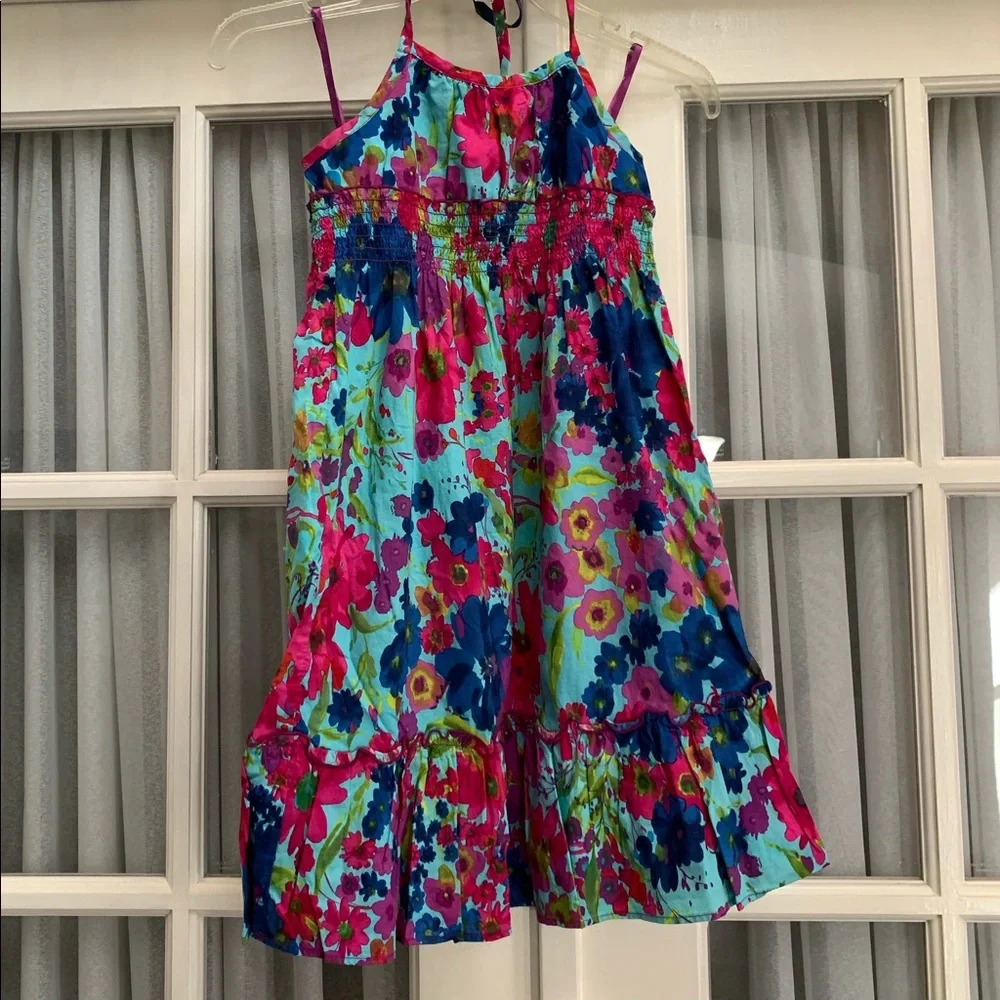 Girls turquoise/navy/pink flower print sun dress
